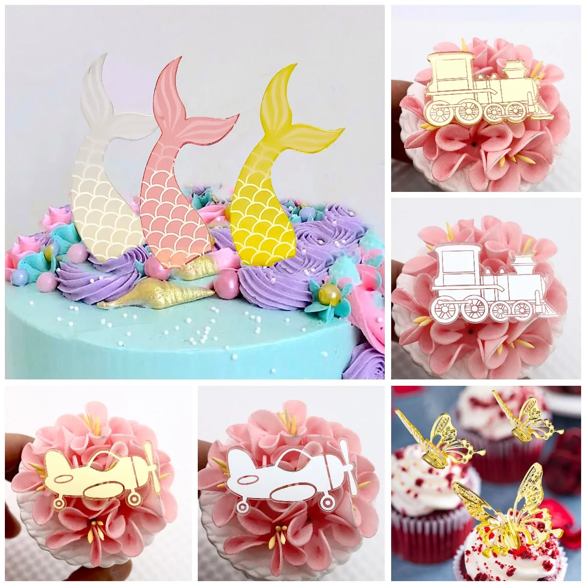 6pcs Acrylic Mermaid Tail Butterfly Airplane Train Cupcake Topper Cake Decorations
6pcs Acrylic Mermaid Tail Butterfly Airplane Train Cupcake Topper Cake Decorations