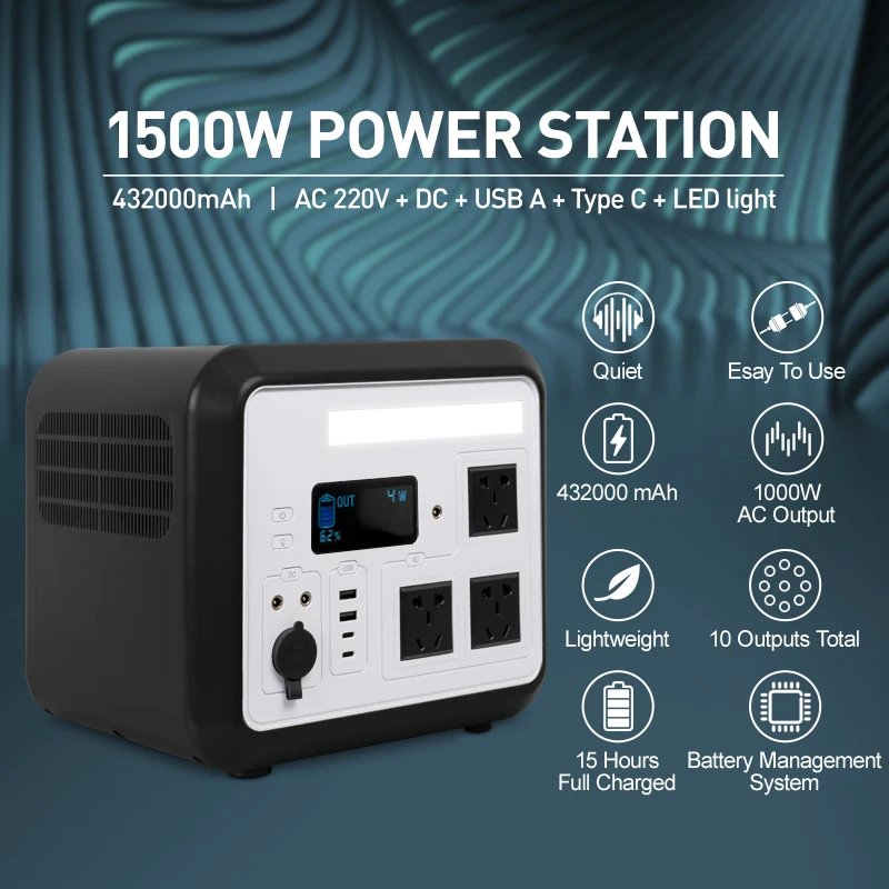 Portable Power Station 1500W AC220V Socket Outdoor Emergency Energy Power Supply USB 432000mAh High Capacity For RV Van Camping
Portable Power Station 1500W AC220V Socket Outdoor Emergency Energy Power Supply USB 432000mAh High Capacity For RV Van Camping