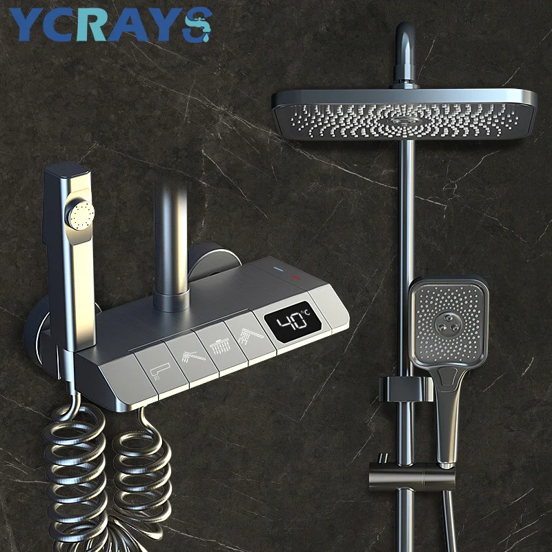 YCRAYS серый цифровой термостатический дисплей смеситель для душа, латунный кран для ванной комнаты, смеситель с полкой, гидроэнергетика
YCRAYS серый цифровой термостатический дисплей смеситель для душа, латунный кран для ванной комнаты, смеситель с полкой, гидроэнергетика