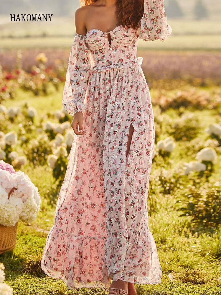

2022 Women Long sleeve Spliced Hem Slit Dresses Fairy Vestidos Holiday Hollow Out V neck Pink Floral Print Bra style Dress