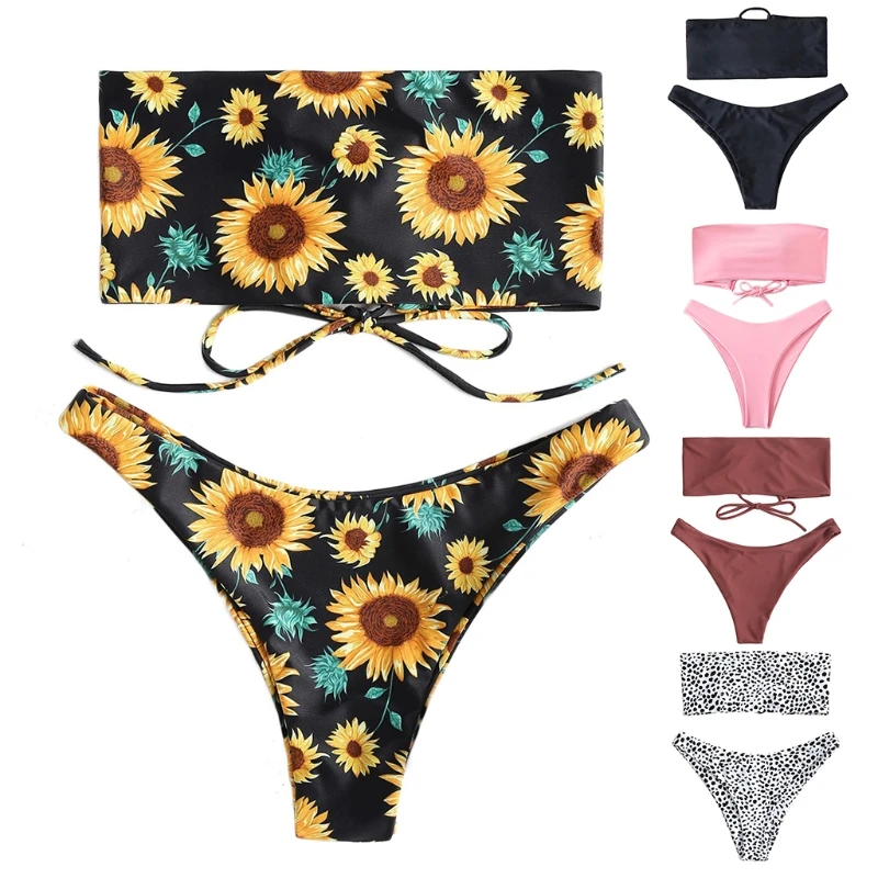 

2 Piece Solid Color Sunflower Print Bikini Set Strapless Back Lace-Up Bandeau Tube Top Swimsuit High Cut Cheeky Suit