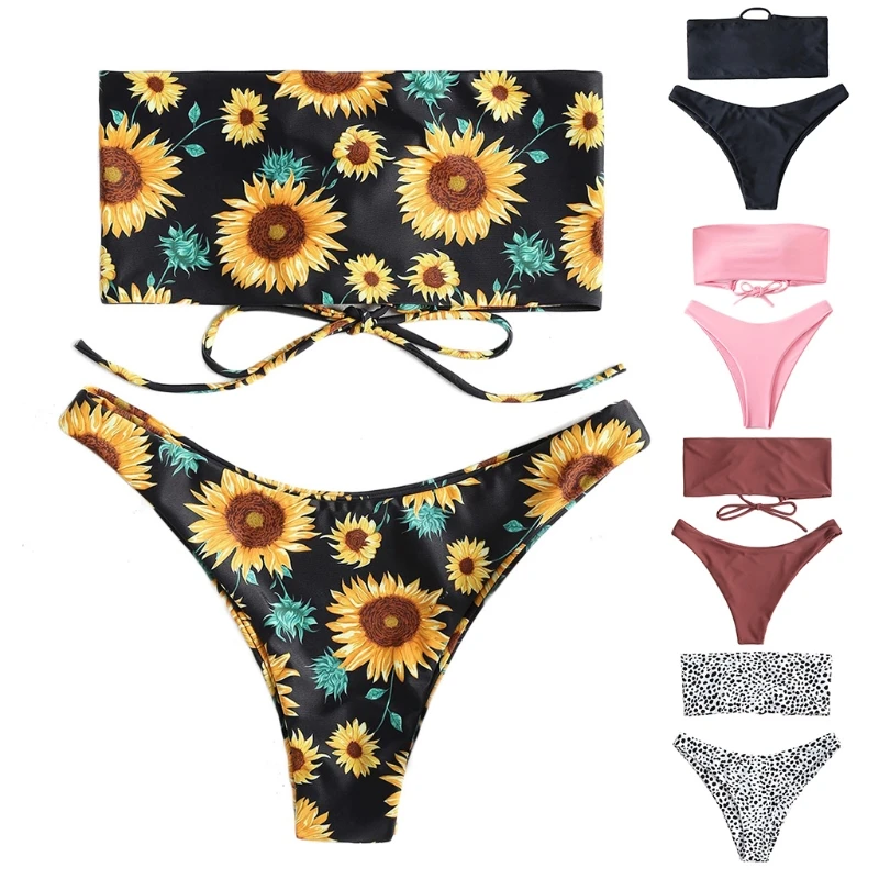 2 Piece Solid Color Sunflower Print Bikini Set Strapless Back Lace-Up Bandeau Tube Top Swimsuit High Cut Cheeky Suit
2 Piece Solid Color Sunflower Print Bikini Set Strapless Back Lace-Up Bandeau Tube Top Swimsuit High Cut Cheeky Suit