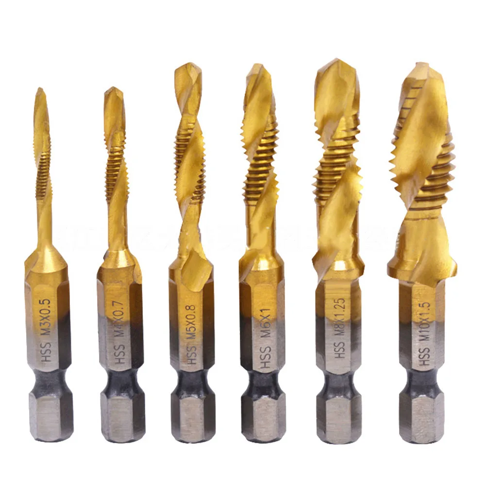 6Pcs Tap Drill Bit Compound Tap Titanium Plated Hex Shank HSS Metric Thread M3-M10 For Chamfering Tools Hand Drill Accessories
6Pcs Tap Drill Bit Compound Tap Titanium Plated Hex Shank HSS Metric Thread M3-M10 For Chamfering Tools Hand Drill Accessories