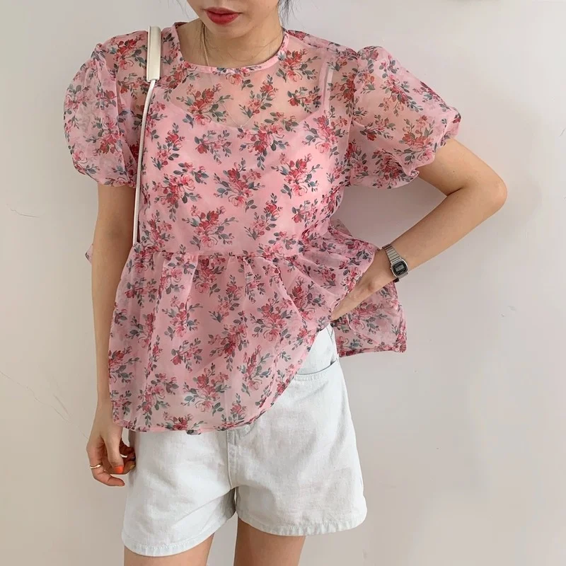 Fashion O Neck Lantern Sleeve Floral T-shirts Women Sweet Fresh Organza Tshirts Girls Retro Hem Ruffled Pink Tops Casual Female
Fashion O Neck Lantern Sleeve Floral T-shirts Women Sweet Fresh Organza Tshirts Girls Retro Hem Ruffled Pink Tops Casual Female