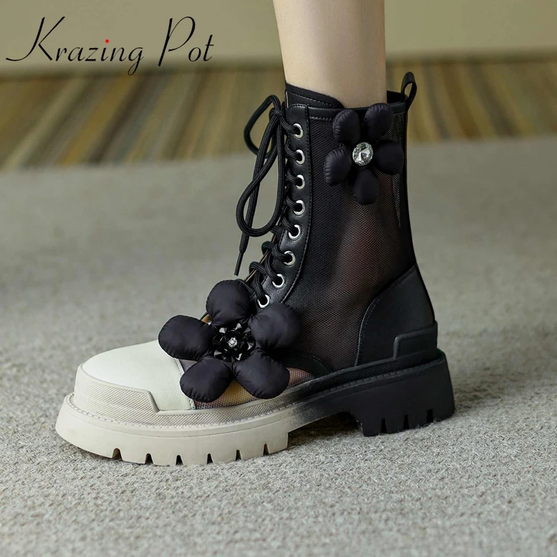 Krazing Pot New Arrival Summer Boots Cow Leather Round Toe Med Heel Flower Decoration Mixed Color Fashion Platform Ankle Boots
Krazing Pot New Arrival Summer Boots Cow Leather Round Toe Med Heel Flower Decoration Mixed Color Fashion Platform Ankle Boots