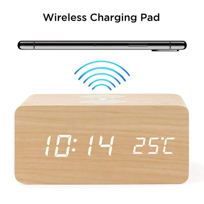 

2022 Best-selling Wood QI Wireless Charger Charging LED Calendar Time Temperature Voice Control Wood Digital Alarm Clock