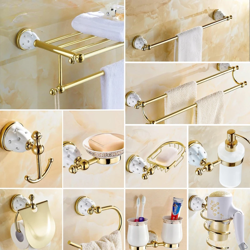 Crystal Brass gold bathroom accessories set towel rack hair dryer rack double toothbrush cup ceramic bathroom hardware suite
Crystal Brass gold bathroom accessories set towel rack hair dryer rack double toothbrush cup ceramic bathroom hardware suite