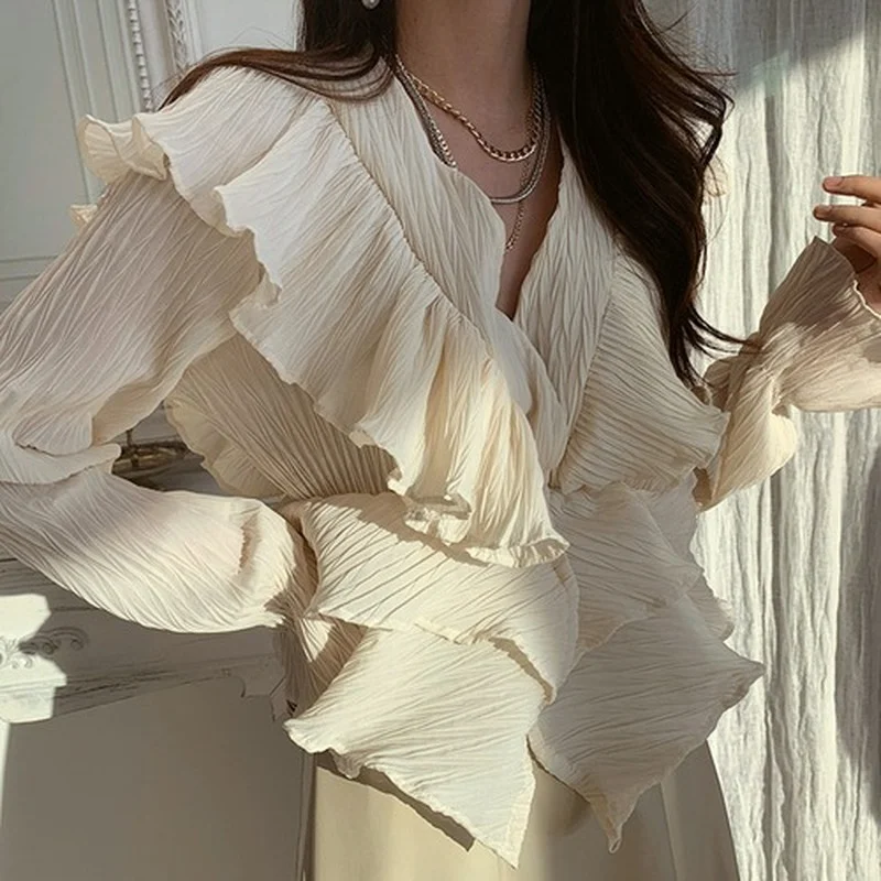 V-neck Ruffled Patch Draped Shirt Women's Slim Waist Flared Long-sleeved Solid Color Shirt Feminino Spring Style Blusas Femme
V-neck Ruffled Patch Draped Shirt Women's Slim Waist Flared Long-sleeved Solid Color Shirt Feminino Spring Style Blusas Femme