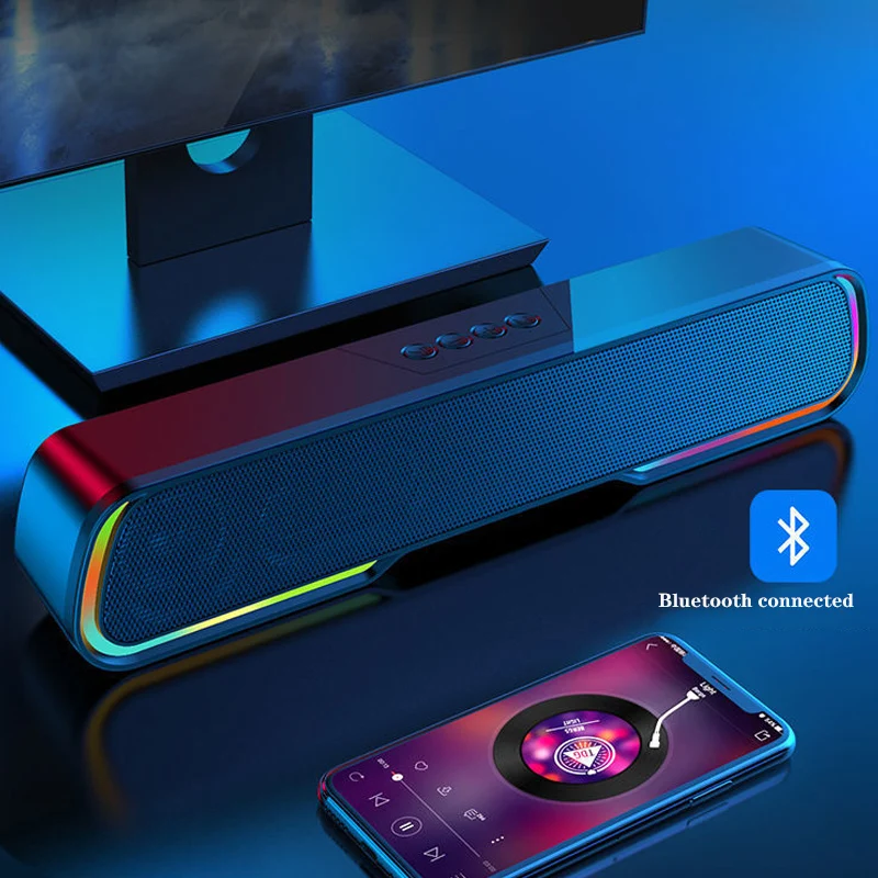 

RGB Light Emitting Mini Desktop Long Portable Soundbar Subwoofer High Power Pc Retro Full Range Bluetooth Speakers Som for Home