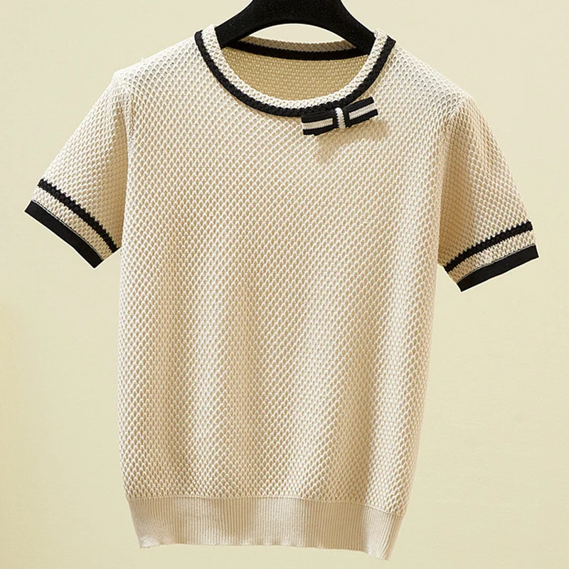 Woman Sweaters Summer Short Sleeve O Neck Bow Patchwork T-shirts Ladies Korean Fashion Striped Thin Knit Casual Tops Female
Woman Sweaters Summer Short Sleeve O Neck Bow Patchwork T-shirts Ladies Korean Fashion Striped Thin Knit Casual Tops Female
