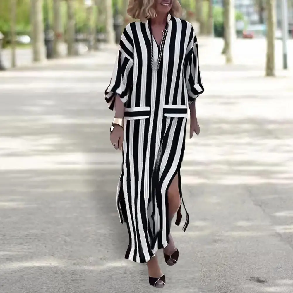 Lightweight Dress Chic Comfortable Women's Maxi Dresses with Vertical Striped Print Side Split Hem for Spring Autumn Streetwear
Lightweight Dress Chic Comfortable Women's Maxi Dresses with Vertical Striped Print Side Split Hem for Spring Autumn Streetwear