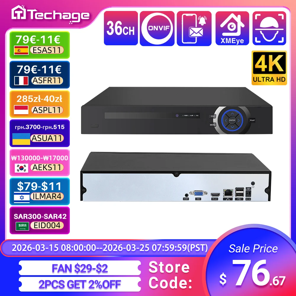 Techage H.265 Ultra HD 4K 8MP 32CH IP NVR Smart AI поддержка распознавания лица/человека/движения оповещения по электронной почте Поддержка протокола Onvif P2P
Techage H.265 Ultra HD 4K 8MP 32CH IP NVR Smart AI поддержка распознавания лица/человека/движения оповещения по электронной почте Поддержка протокола Onvif P2P