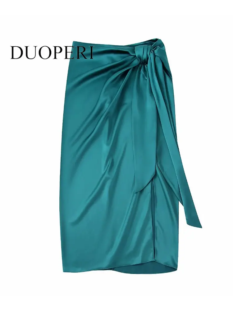 

Юбка-миди DUOPERI женская с завышенной талией, модная однотонная винтажная шикарная миди-юбка с узлом, с передним разрезом, на молнии сзади