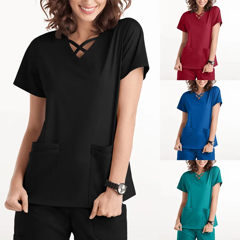 Care Worker T-Shirt Tops Short Sleeve V-Neck Pocket Pure Color Sleeve 2022 New Fashion Nurse Uniform for Women
Care Worker T-Shirt Tops Short Sleeve V-Neck Pocket Pure Color Sleeve 2022 New Fashion Nurse Uniform for Women