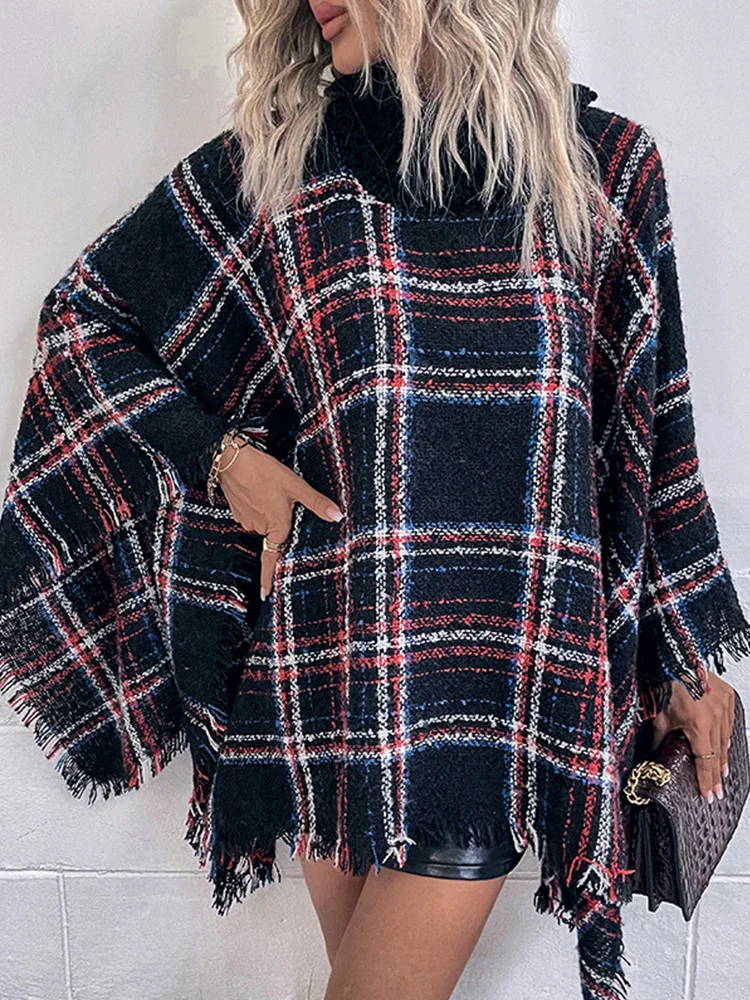 Plaid Tassel Turn Down Collar High Neck Ponchos & Capes Women Casual Shawl Cloak Coats
Plaid Tassel Turn Down Collar High Neck Ponchos & Capes Women Casual Shawl Cloak Coats