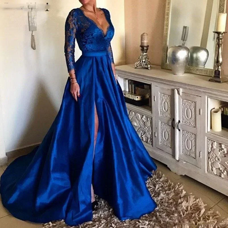 Sexy Deep V-Neck Evening Party Side Fashion Printing Temperament Elegant A-line Court Train Length Prom Dress 
Sexy Deep V-Neck Evening Party Side Fashion Printing Temperament Elegant A-line Court Train Length Prom Dress