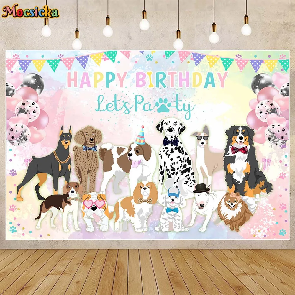 

Mocsicka Puppy Dog Birthday Backdrop Let's Paw-ty Pet Party Decorations Family Portrait Photo Background Cake Table Banner Props
