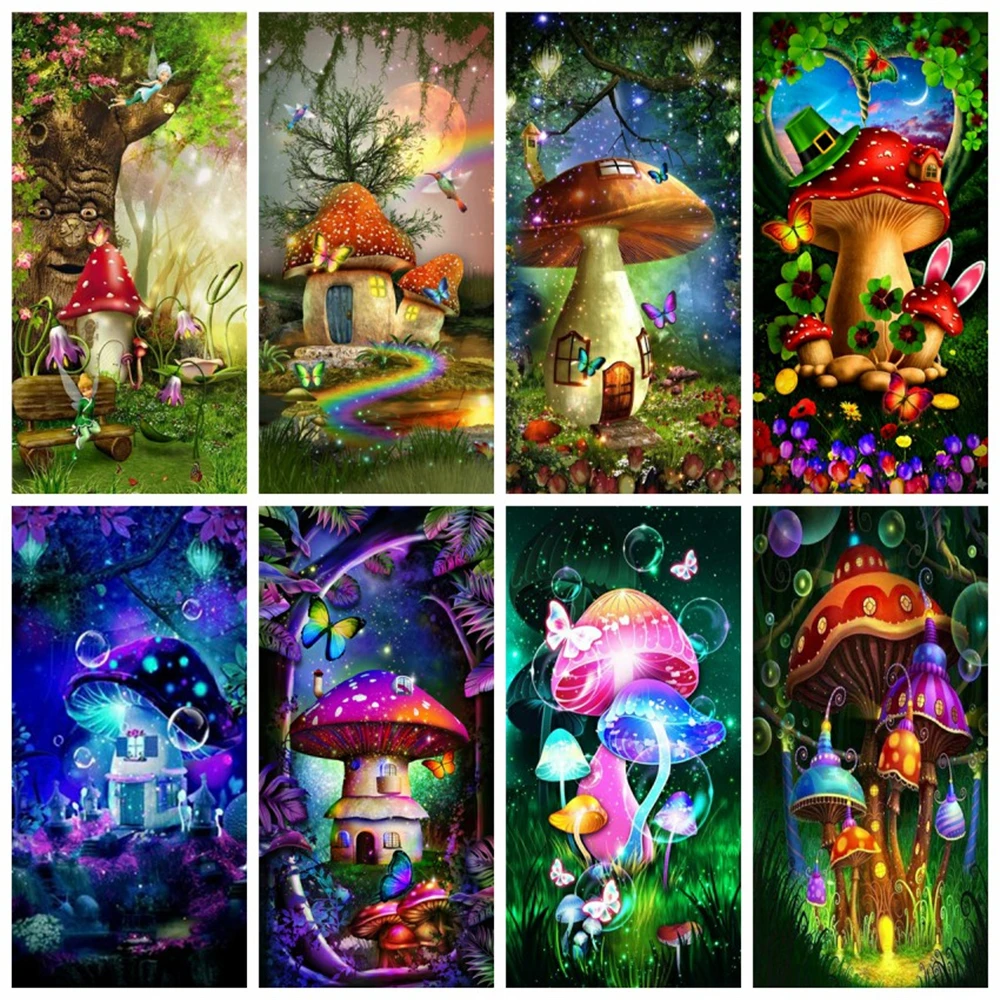 

Huacan Full Square Round Diamond Art Painting Mushroom House Home Decoration Embroidery Mosaic Abstract Scenery Craft Kit