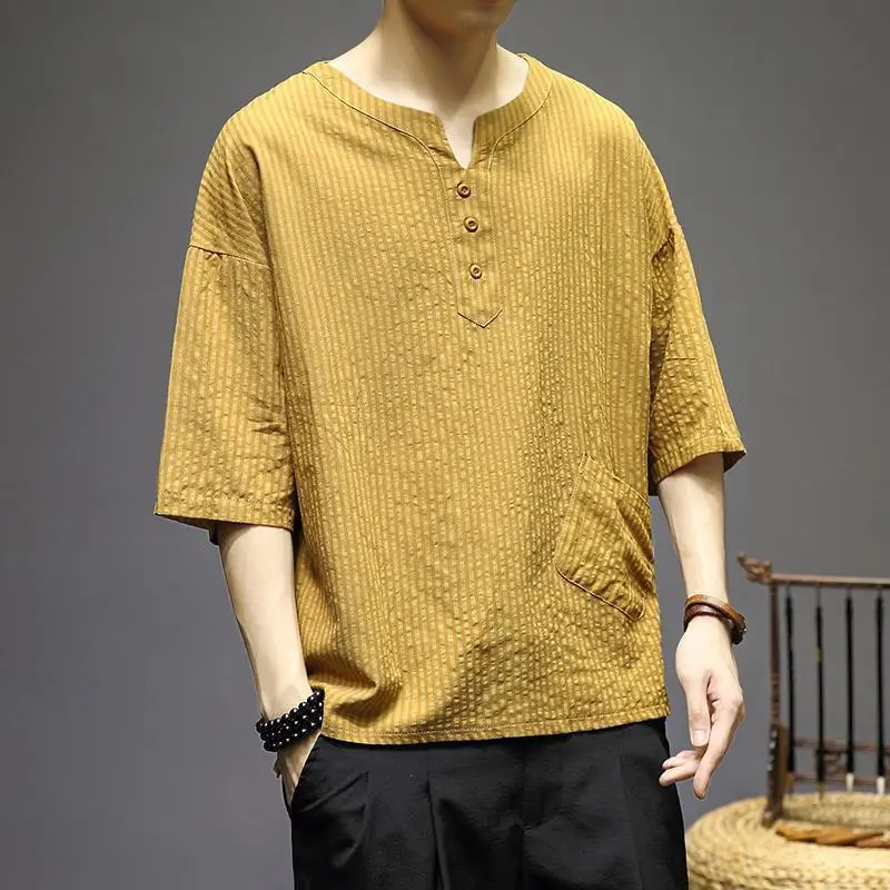 Summer Chinese Style Cotton And Linen Short-sleeved T-shirt Men's Loose Chinese Style Striped Top Oversized T- shirt
Summer Chinese Style Cotton And Linen Short-sleeved T-shirt Men's Loose Chinese Style Striped Top Oversized T- shirt