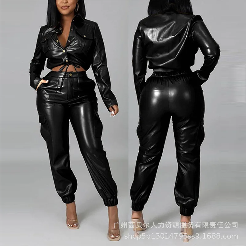 Women Solid Slim PU Two-Piece Suit Women Long Sleeve Single-Breasted Turn-down Collar Short Jacket High Waist Pencil Pants Suit
Women Solid Slim PU Two-Piece Suit Women Long Sleeve Single-Breasted Turn-down Collar Short Jacket High Waist Pencil Pants Suit