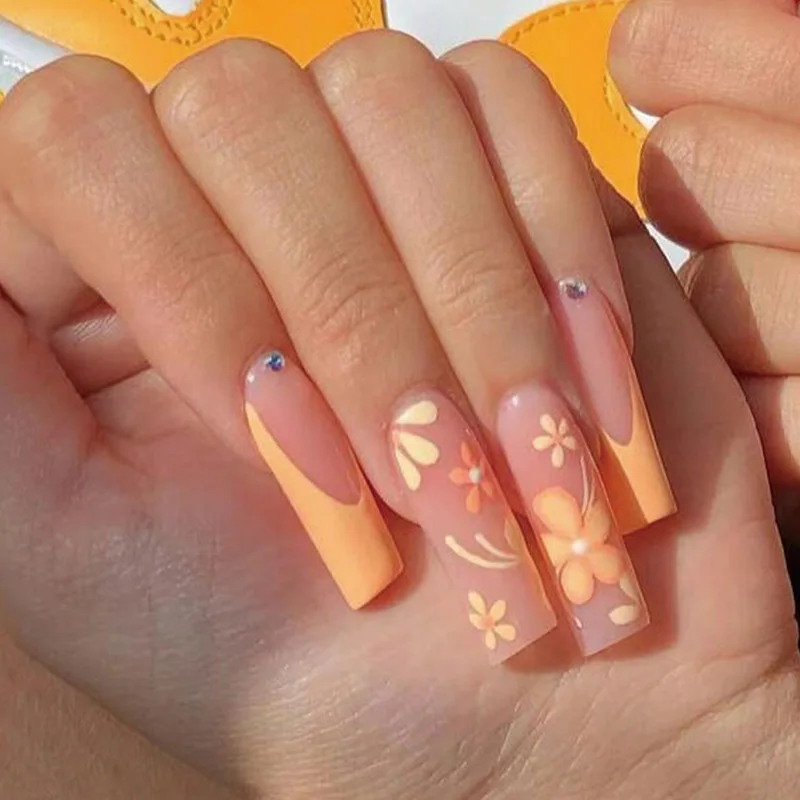 French Fake Nails 24 Pieces/set Orange Flower Long Reusable Adhesive Faux Nails Professional Nail Art Supplies
French Fake Nails 24 Pieces/set Orange Flower Long Reusable Adhesive Faux Nails Professional Nail Art Supplies