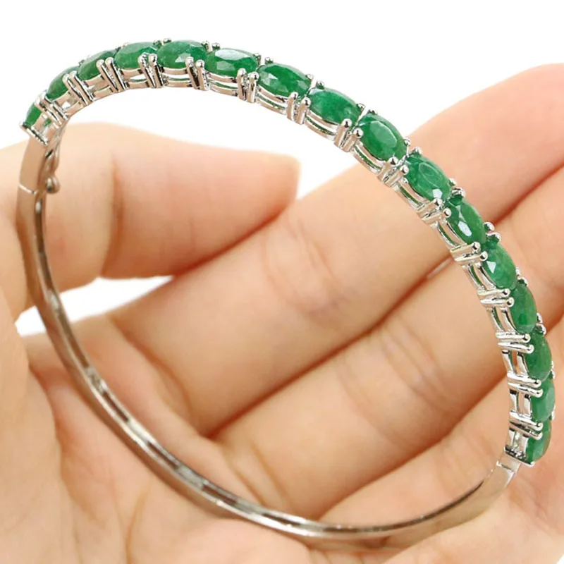 

6x4mm SheCrown Real Green Emerald Created London Blue Topaz Violet Tanzanite Silver Bracelet Bangle 7.5inch