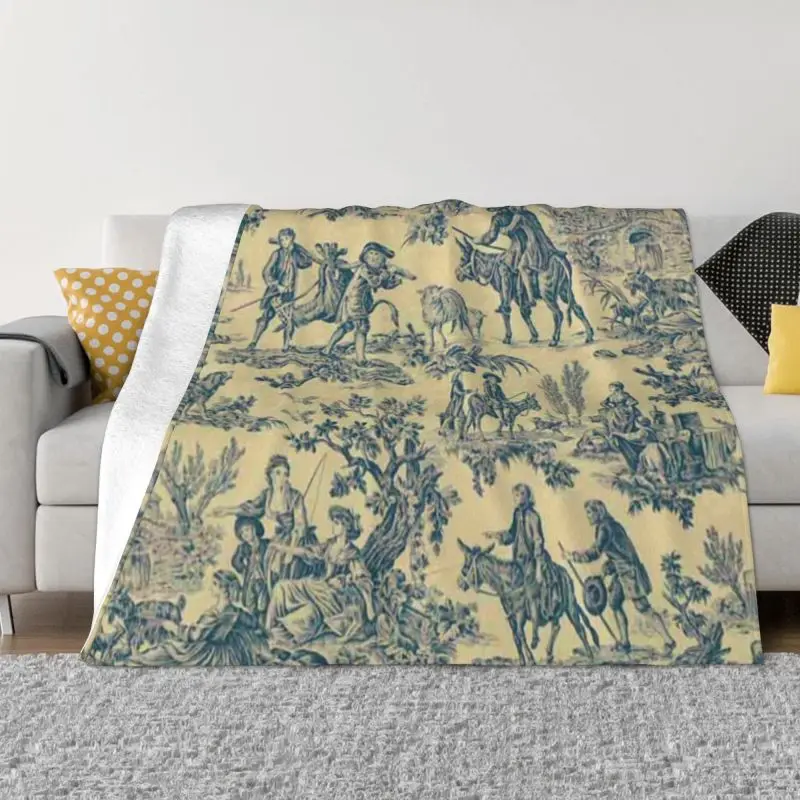 

Toile De Jouy Blue And Yellow Blankets Flannel Hunting Scenes Vintage Floral Motifs Throw Blanket for Home Sofa Office Travel