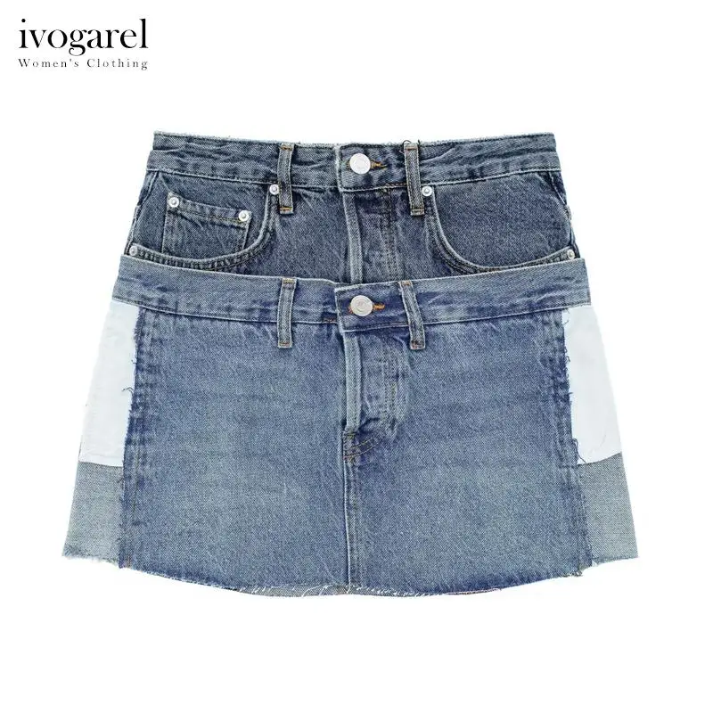 

Ivogarel Woman's Denim Mini Skirt Traff Y2K Casual Cool High-Waist Short Skirt Double Waistband Detail Frayed Hem Summer Wear