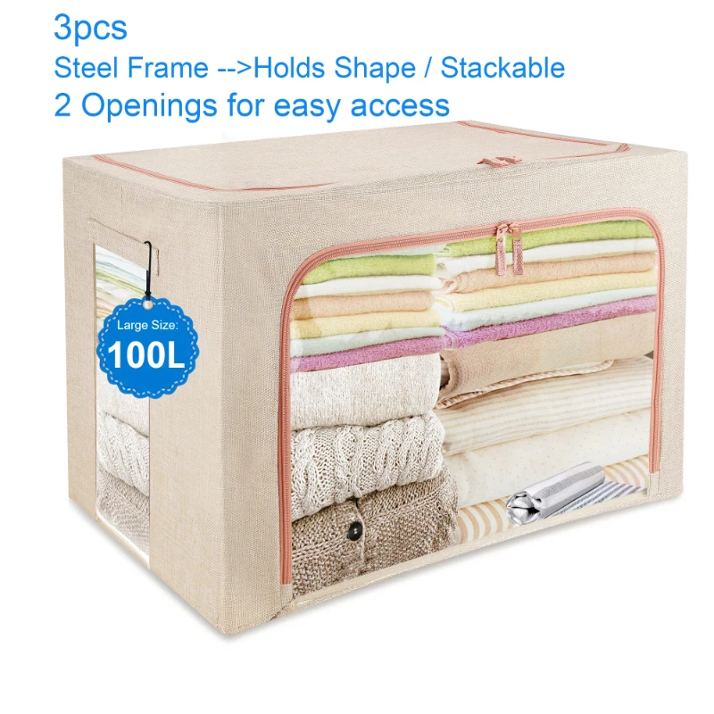 3 pcs Clothes Storage Organizer, 100L Large Fabric Storage Bags with Steel Frame, Stackable Storage Box for Clothes, Blankets, T
3 pcs Clothes Storage Organizer, 100L Large Fabric Storage Bags with Steel Frame, Stackable Storage Box for Clothes, Blankets, T