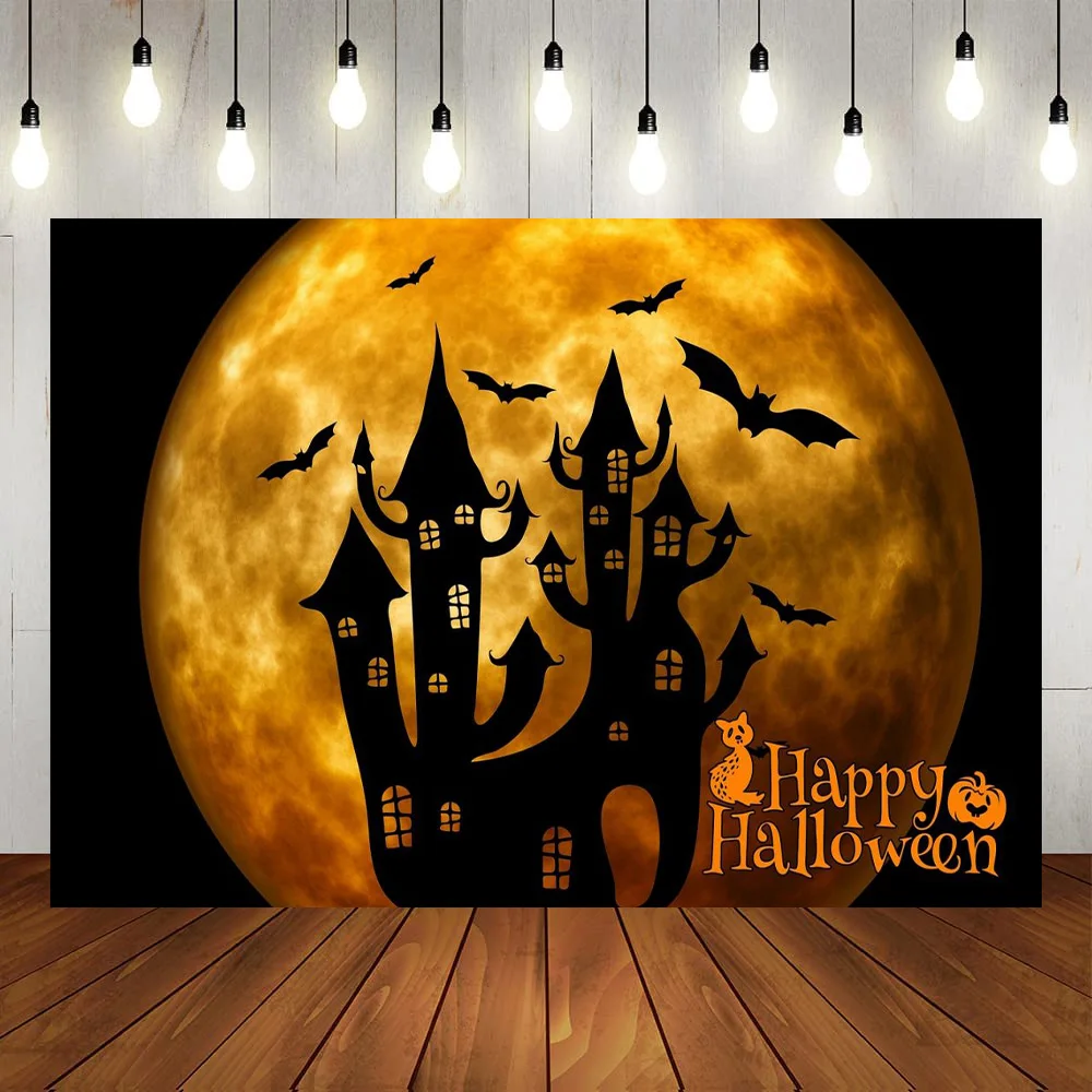 

Happy Halloween horror theme shoot background props amusement park party decoration photo night Cartoon castle bat Full moon