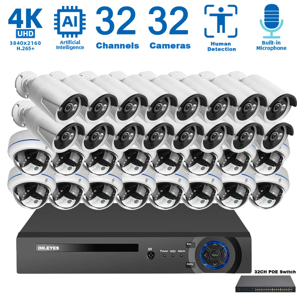 

32CH CCTV Camera Security System Kit 4K POE NVR Set Outdoor Audio POE IP Dome Camera Video Surveillance System Kit 8MP XMEYE