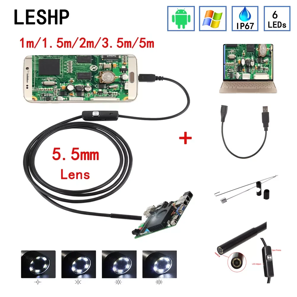 5.5mm Endoscope Camera HD USB Endoscope With 6 LED 1/1.5/2/3.5/5M Soft Cable Waterproof Inspection Borescope for Android PC
5.5mm Endoscope Camera HD USB Endoscope With 6 LED 1/1.5/2/3.5/5M Soft Cable Waterproof Inspection Borescope for Android PC