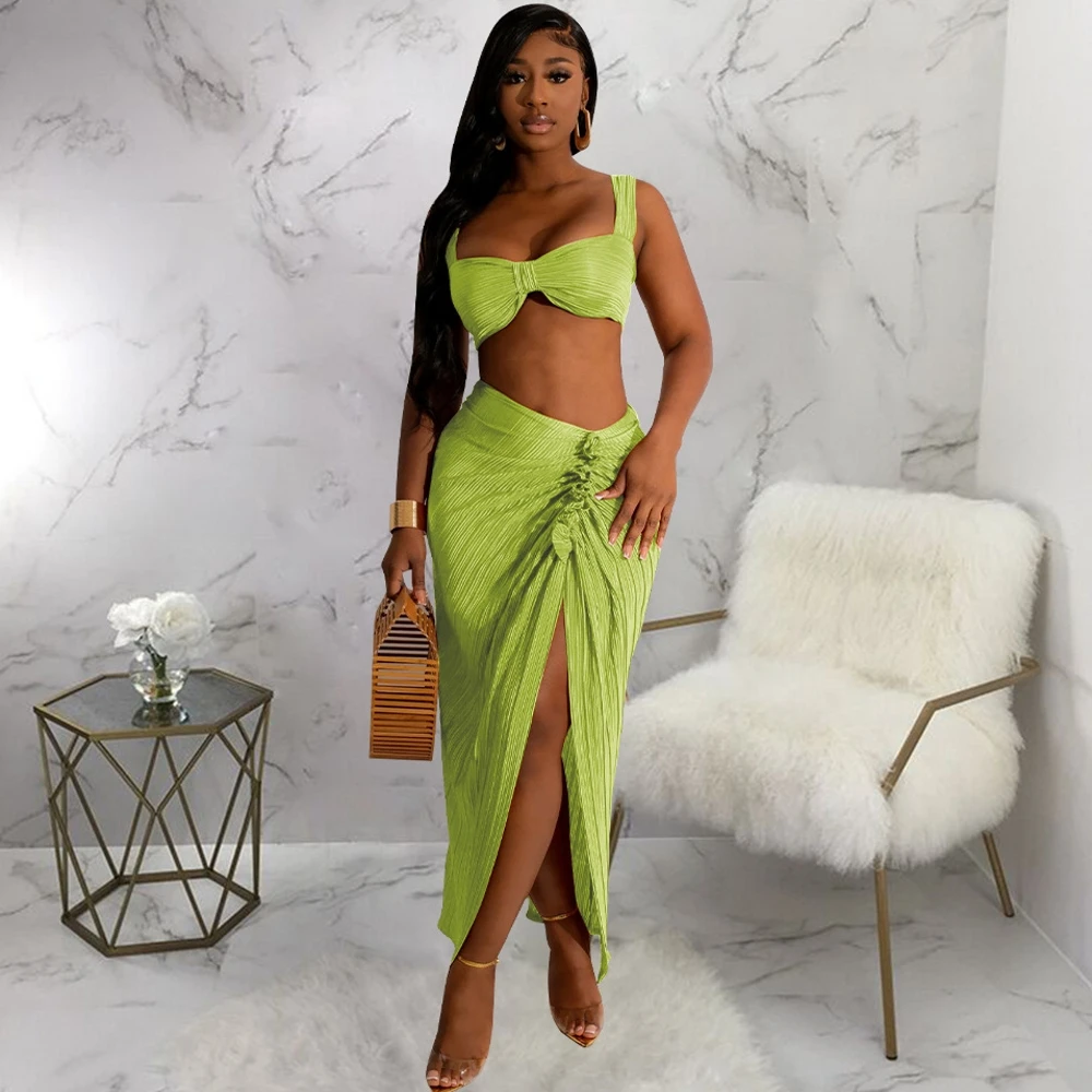 Two Piece Set Summer Autumn Women Party Pleated Dress Strapless Crop Top High Split Maxi Skirt Summer Holiday Beach Outfits Suit
Two Piece Set Summer Autumn Women Party Pleated Dress Strapless Crop Top High Split Maxi Skirt Summer Holiday Beach Outfits Suit