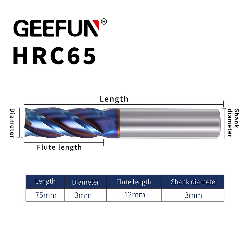 GEEFUN D.i.a 3mm / Length 75mm Carbide Flat End Mills for Hardened Steel Cutting with Nano Coating
GEEFUN D.i.a 3mm / Length 75mm Carbide Flat End Mills for Hardened Steel Cutting with Nano Coating