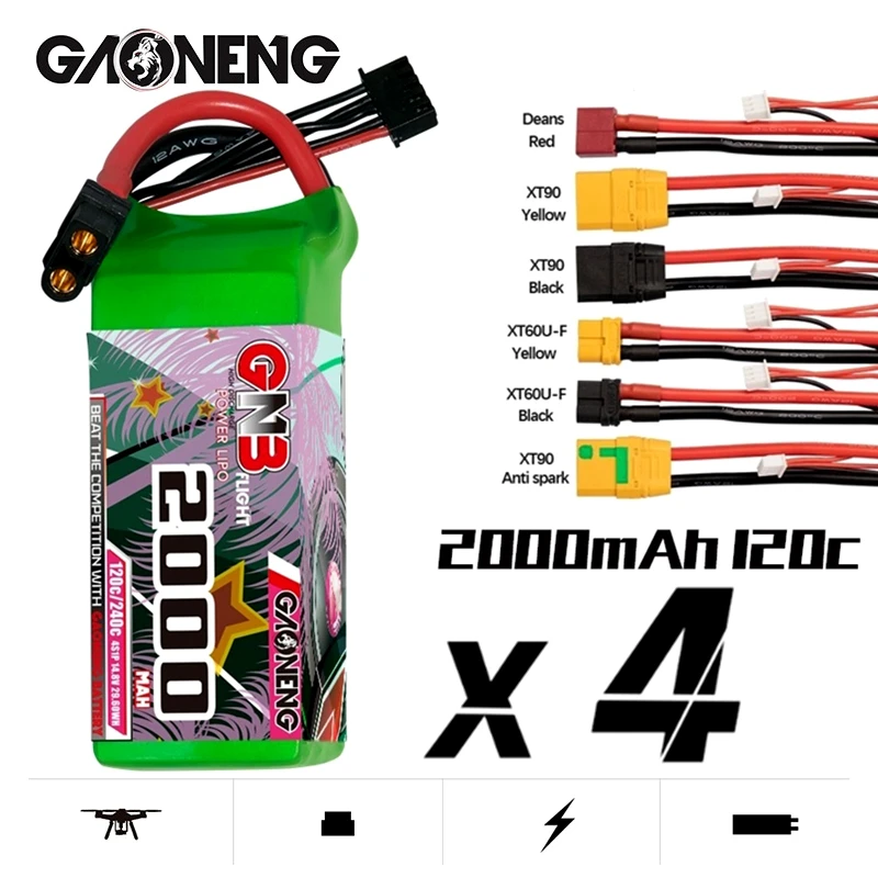 4 упаковки литий-полимерных аккумуляторов GNB 4S1P 14,8 в 120C 2000 мАч макс. 240C, разъем EC5 T XT60 для FPV радиоуправляемого квадрокоптера вертолета гоночн... 
4 упаковки литий-полимерных аккумуляторов GNB 4S1P 14,8 в 120C 2000 мАч макс. 240C, разъем EC5 T XT60 для FPV радиоуправляемого квадрокоптера вертолета гоночн...
