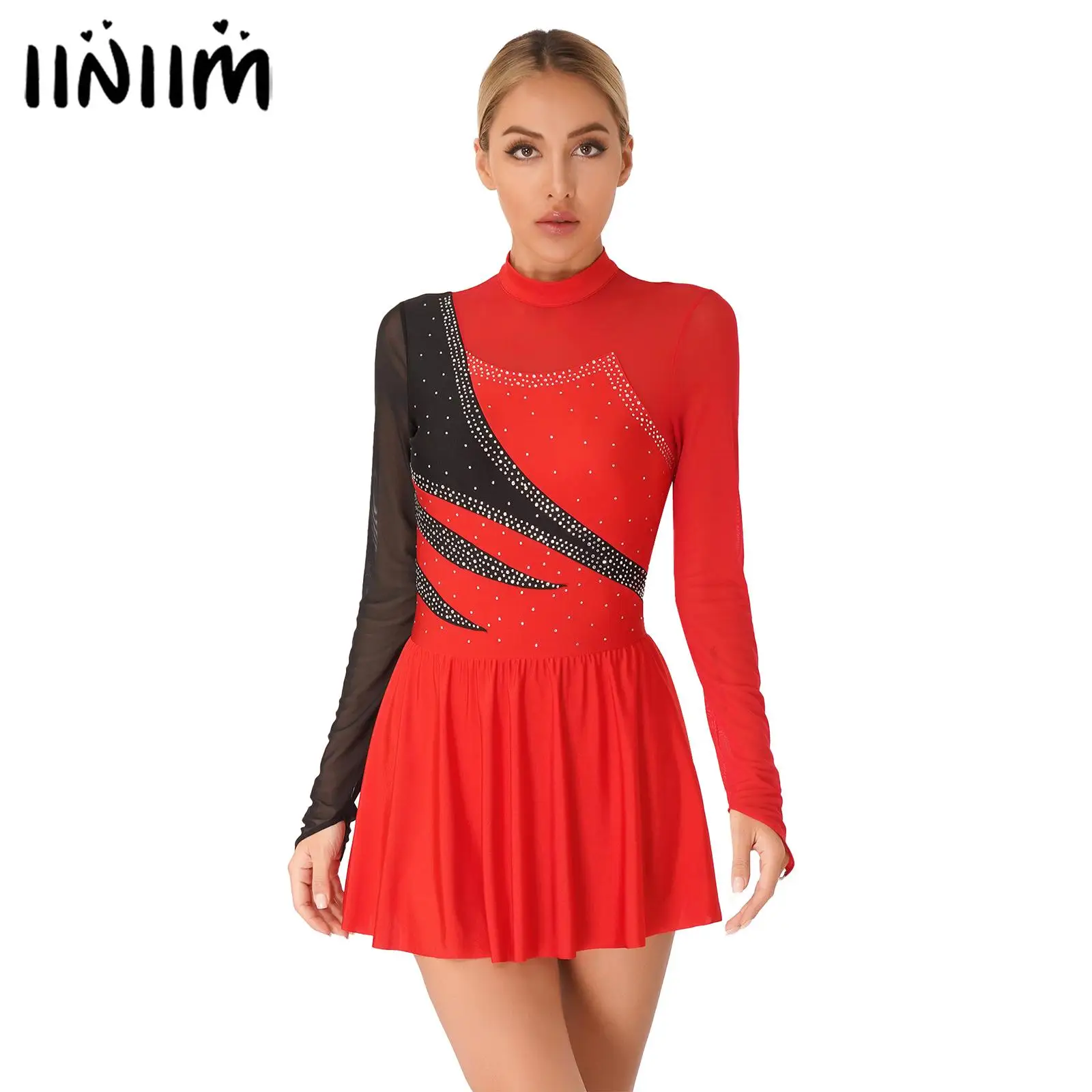 Womens Figure Skating Dance Performance Costume Rhinestone Leotard Dress Sheer Mesh Cutout Back Long Sleeve Modern Dance Dresses
Womens Figure Skating Dance Performance Costume Rhinestone Leotard Dress Sheer Mesh Cutout Back Long Sleeve Modern Dance Dresses