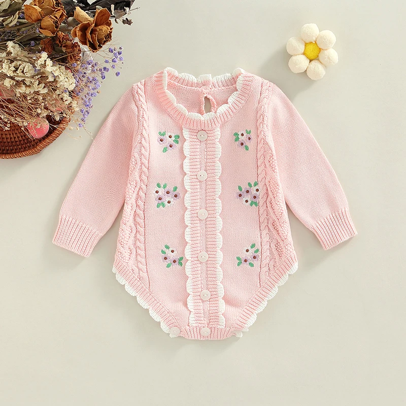 Baby Romper, Flower Embroidery Round Neck Long Sleeve Knitted Bodysuit with Buttons for Girls, Pink/White, 0-3 Years
Baby Romper, Flower Embroidery Round Neck Long Sleeve Knitted Bodysuit with Buttons for Girls, Pink/White, 0-3 Years