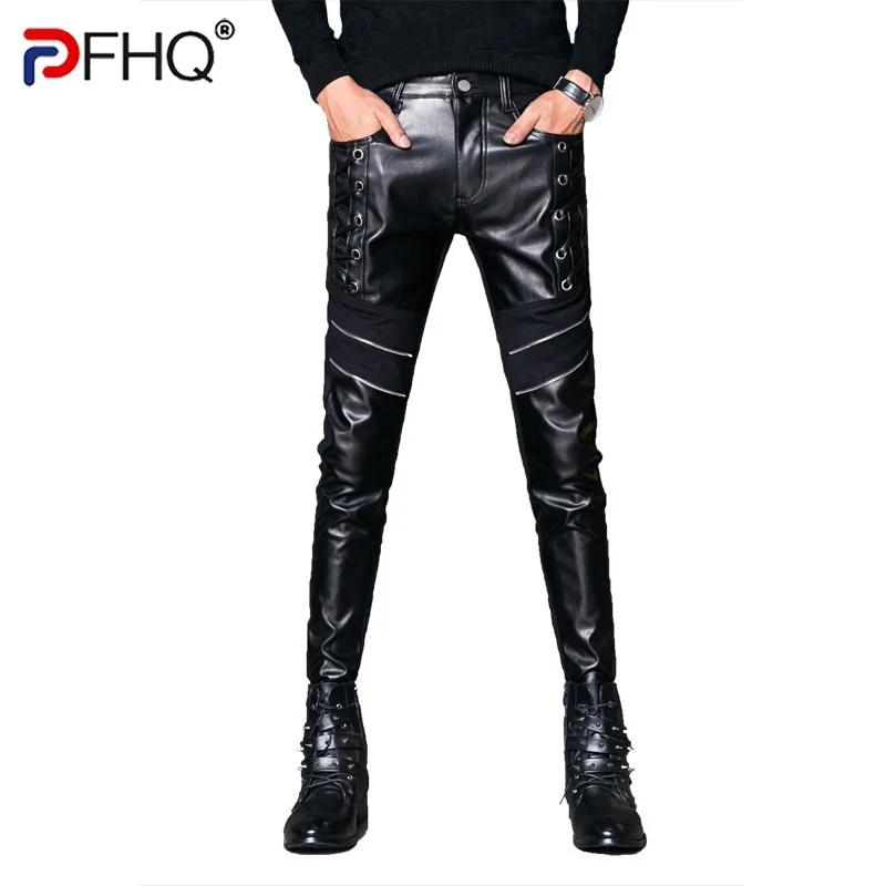 PFHQ Men's Patchwork Leather Pants Autumn And Winter Slim Fit Trend Leggings Solid Black Casual Skinny Chic Darkwear 12A5006
PFHQ Men's Patchwork Leather Pants Autumn And Winter Slim Fit Trend Leggings Solid Black Casual Skinny Chic Darkwear 12A5006