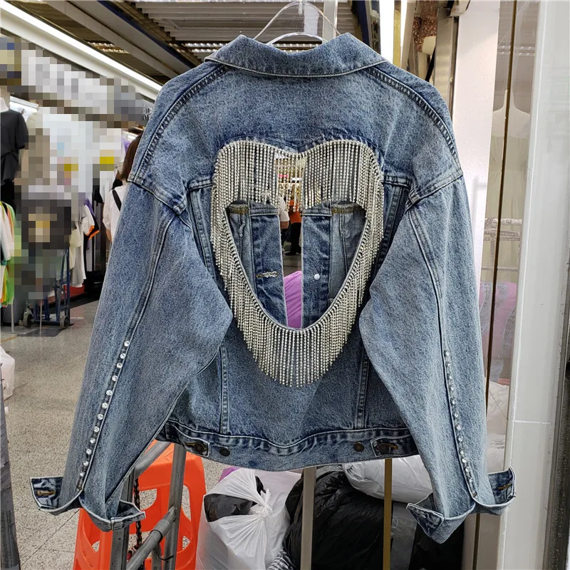 Vintage Wash Blue Back Hollow Out Tassel Denim Jacket Women Loose Short Outerwear Diamonds Long Sleeve Jeans Jacket Coat Female
Vintage Wash Blue Back Hollow Out Tassel Denim Jacket Women Loose Short Outerwear Diamonds Long Sleeve Jeans Jacket Coat Female