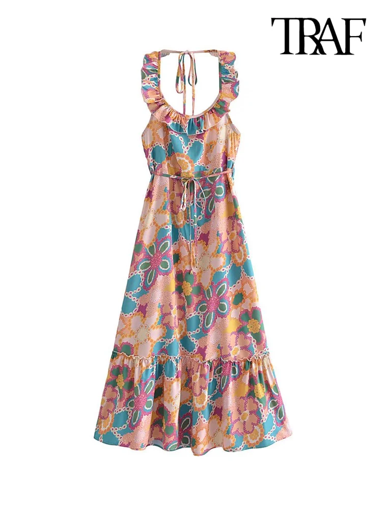 TRAF Women Fashion Floral Print Ruffled Midi Dress Vintage Backless Elastic Zipper Tied Thin Straps Female Dresses Mujer
TRAF Women Fashion Floral Print Ruffled Midi Dress Vintage Backless Elastic Zipper Tied Thin Straps Female Dresses Mujer