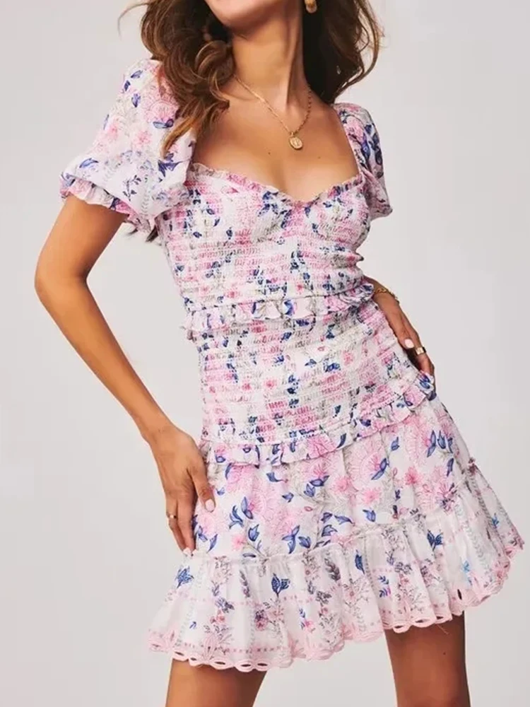 Chicheca Summer Women Chiffon Mini Dress Vintage Beach Style Smocking Printed Ruffle Puff Sleeve Pink Dress Elastic New Vestido
Chicheca Summer Women Chiffon Mini Dress Vintage Beach Style Smocking Printed Ruffle Puff Sleeve Pink Dress Elastic New Vestido