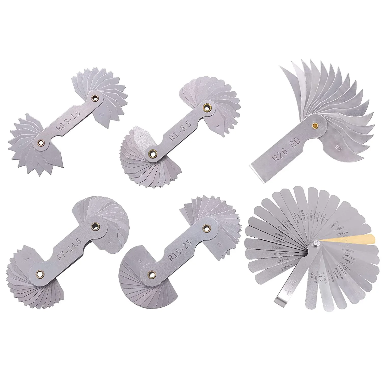 6 Pcs Stainless Steel Radius Gauge with Feeler Gauge Set Arc Radius Fillet Gauge and 0.04-0.88mm Space Measure Tool
6 Pcs Stainless Steel Radius Gauge with Feeler Gauge Set Arc Radius Fillet Gauge and 0.04-0.88mm Space Measure Tool