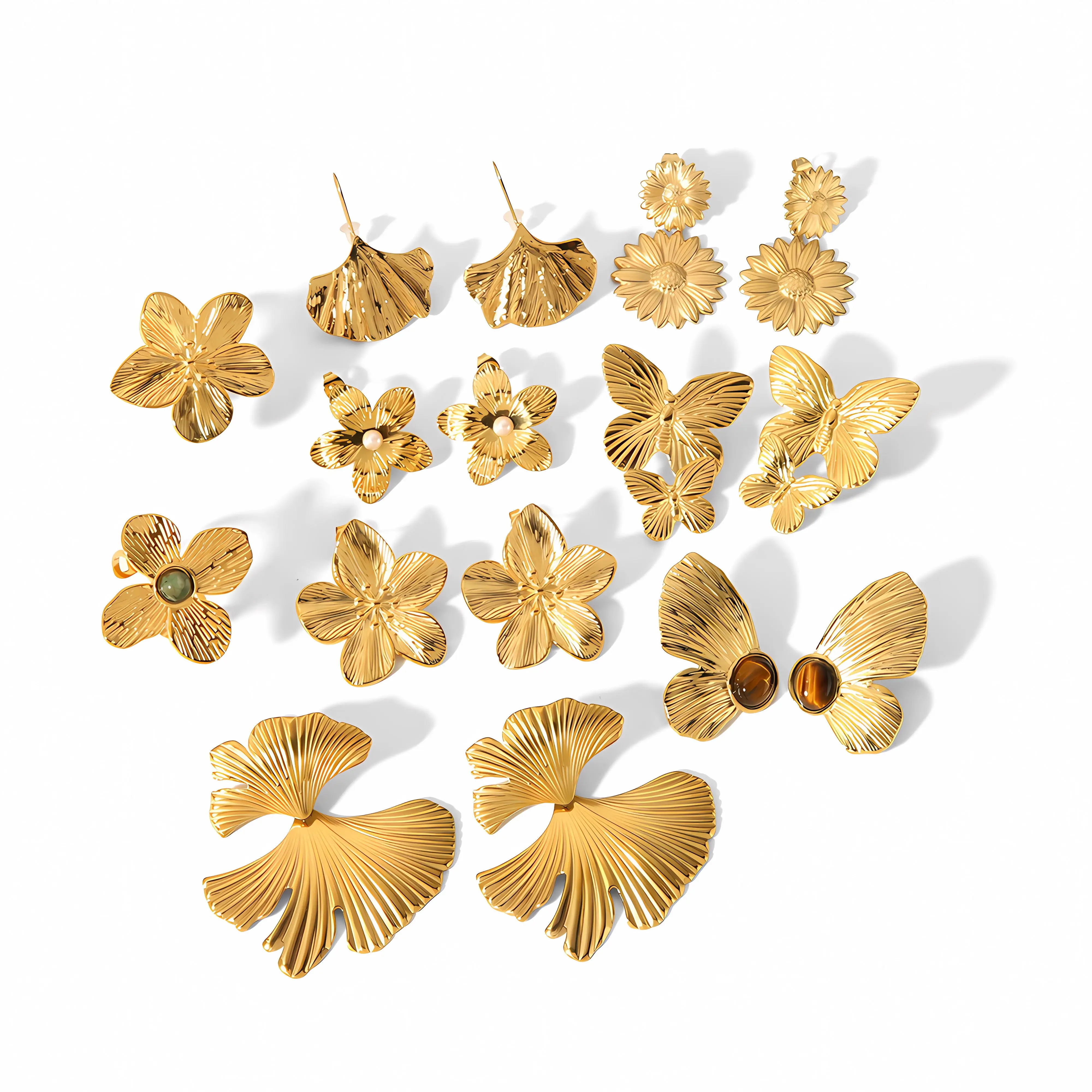 

18k Gold plated Ginkgo Leaves flowers Butterfly Drop earring Stainless steel Leaf Stud statement Earrings Gift For Her