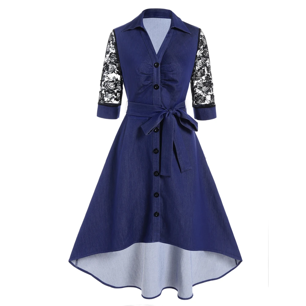 Deep Blue Vintage Dress For Women Flower Lace Panel Belted Turn Down Collar Button-up High Low Midi Jurken
Deep Blue Vintage Dress For Women Flower Lace Panel Belted Turn Down Collar Button-up High Low Midi Jurken