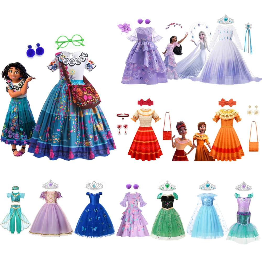 

Disney Girls Encanto Mirabel Isabella Dolores Cosplay Costume Rapunzel Frozen Elsa Anna Jasmine Kids Summer Princess Party Dress