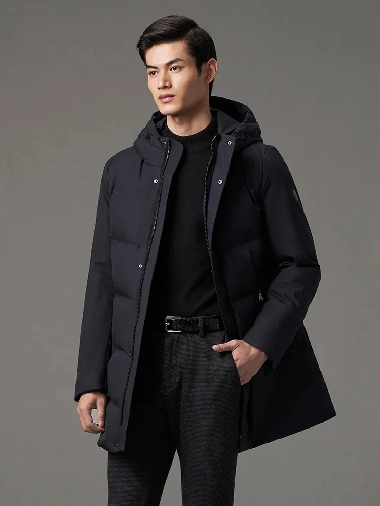 Мужской пуховик средней длины, новая деловая зимняя ветровка с капюшоном и гусиным пухом, 2020, B00144117