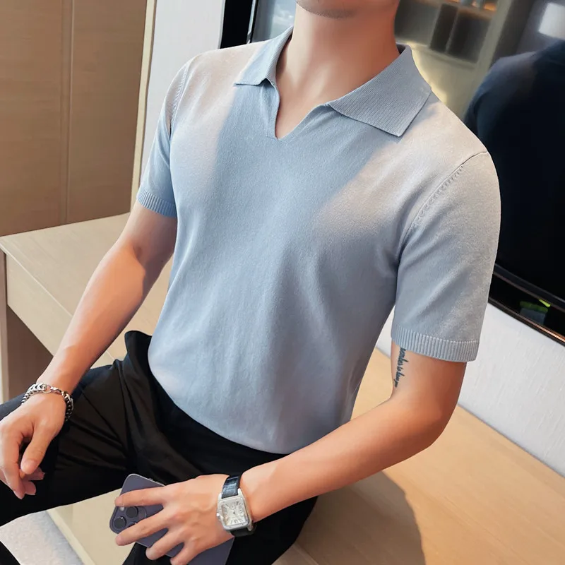 Summer Sexy V-neck Short-sleeved Knitted Polo Shirt Ice Silk Solid Lapel Polos for Men Men's Casual Slim Office Social T-shirt
Summer Sexy V-neck Short-sleeved Knitted Polo Shirt Ice Silk Solid Lapel Polos for Men Men's Casual Slim Office Social T-shirt