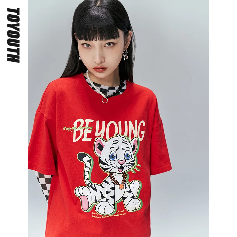 Toyouth Women Tees 2022 Spring Short Sleeves Loose T-shirts Original Design Cartoon Tiger Pattern Pure Cotton Casual Chic Tops 
Toyouth Women Tees 2022 Spring Short Sleeves Loose T-shirts Original Design Cartoon Tiger Pattern Pure Cotton Casual Chic Tops