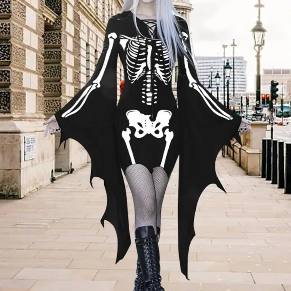 

Flared Sleeves Dress Stylish Halloween Party Cosplay Costume Long Batwing Sleeve Dress with Skeleton Print Irregular Cuff