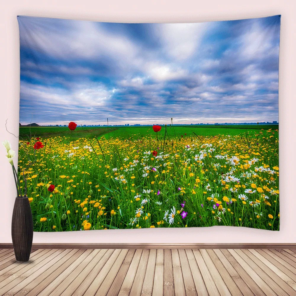 

Wild Flower Daisy Tapestry Field Natural Scenery Blue Sky Wall Hanging Fabric Tapestries for Living Room Bedroom Dorm Decor Home